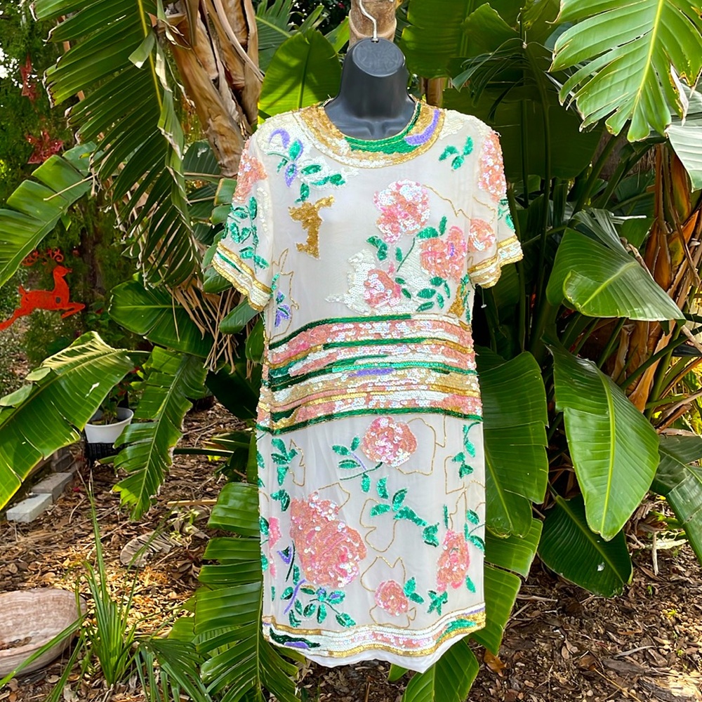 Joan  Leslie evenings, exquisitely beaded roses and sequin silk dress